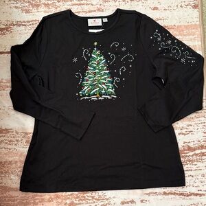 Quacker Factory Black Long Sleeve Tee with Festive Tree Design